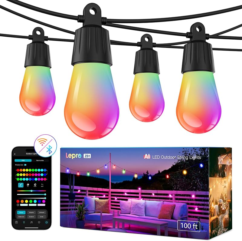 Lepro ZB1 AI Cadena de luces inteligentes para exteriores, 100 (88+12) pies RGB+IC+blanco cálido | 30 bombillas LED, luces de patio, sincronización de música, Alexa Google habilitado, control de aplicación sin control remoto, no extensible, WiFi de 2,4 GHz + Bluetooth