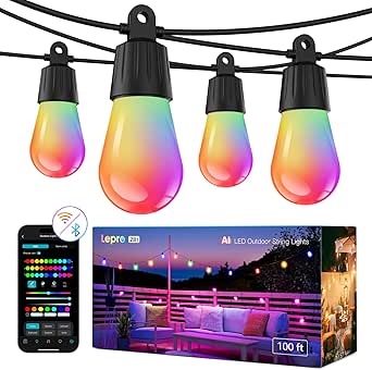 Lepro ZB1 AI Smart Outdoor String Lights, 100 ft RGB+IC+Warm White, APP Control, Alexa & Google Enabled, Music Sync, 30 LED Bulbs