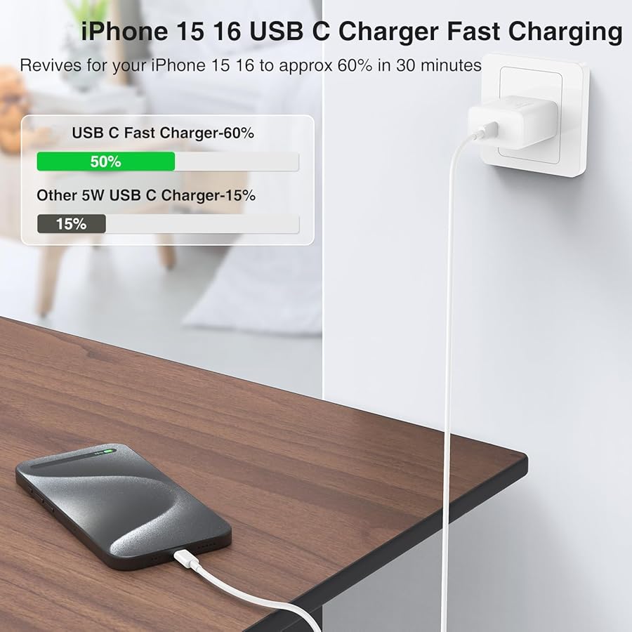 2Pack iPhone 17 16 15 Charger Fast Charging,USB C Super Fast Charger Block and Long Type C to C Cable Cord 10ft for Apple iPhone 17 Pro Max/17 Air/16 Pro/16 Pro Max/15 Plus/15 Pro/iPad Plug Cube - image 5