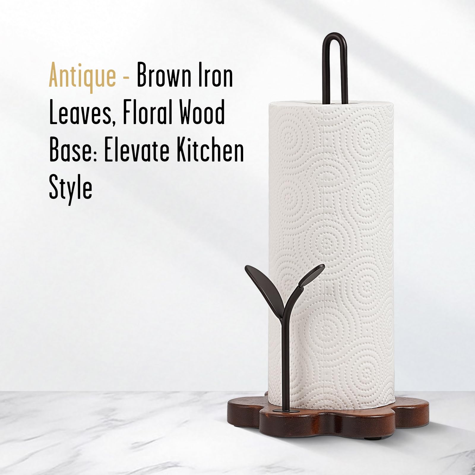 Tocemei Wooden Paper Towel Holder Countertop, Floral Base with Dual Iron Rods in Antique Brown Finish, Leaf-Shaped Accent, Stable & Durable, Non Slip Pads, Elegant Kitchen/Dining Décor