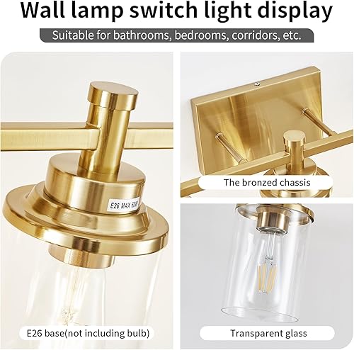 Miniatura 4 de Lámpara de tocador de baño dorada de 3 luces sobre el espejo, lámpara de tocador de latón cepillado, lámpara moderna de pared de baño, luz de
