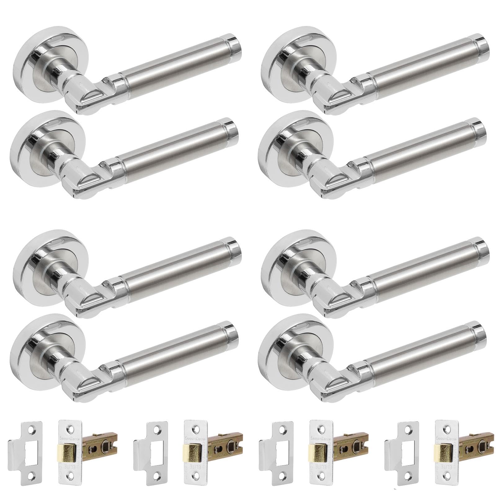 Decoranddecor Enigma Duo Colour Round Door Handles – Aluminium Silver Internal Handle Sets with Mortice Latch – Sleek and Versatile Design for Interior Doors - 4 Pack