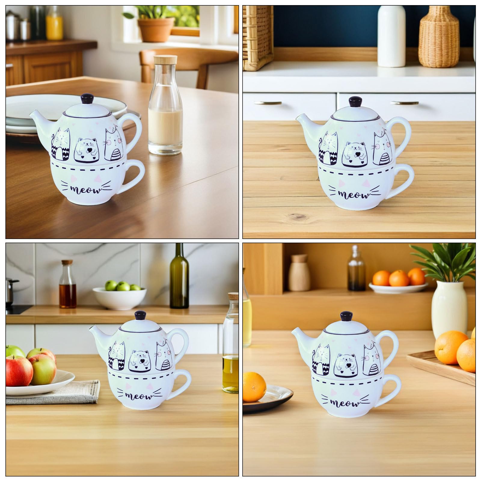 Didiseaon Juego de Té Diseño Original y Elegante de Cerámica Forma de Gato Blanco Tetera y Taza Decorativa para Uso Diario para Aficionados al Té