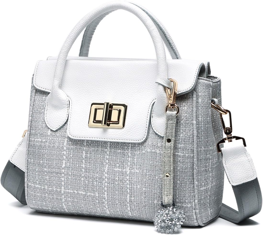 Office Handbags for Women Straw Canvas and PU Leather Crossbody Casual Purse One over Shoulder Bags Ladies Grey