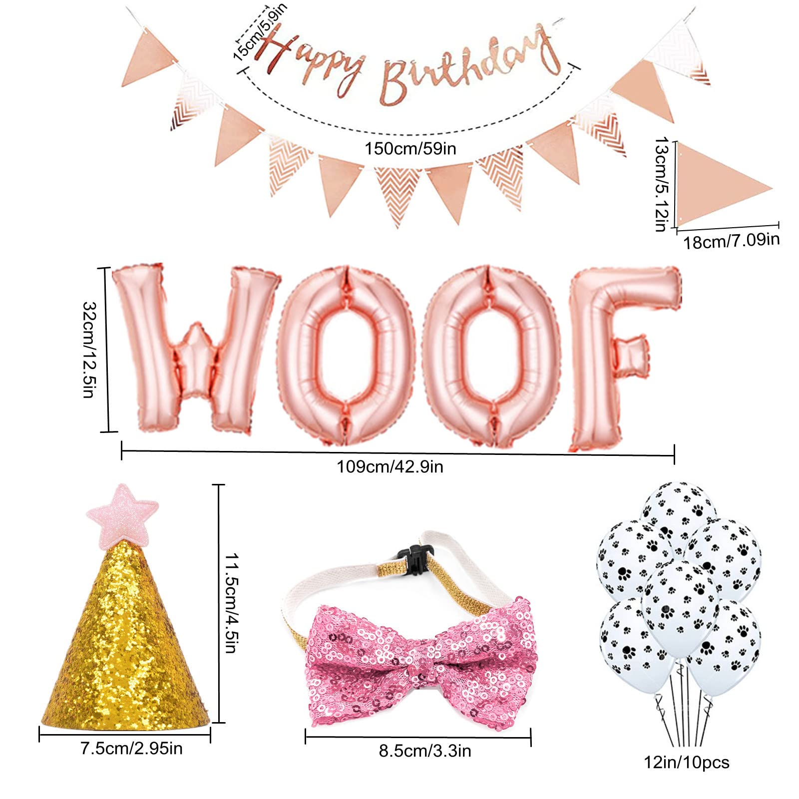 Esweny Pet Birthday Party Supplies Set WOOF Letter Balloons Paw Print Balloons for Dog Birthday Party (Rose Gold)