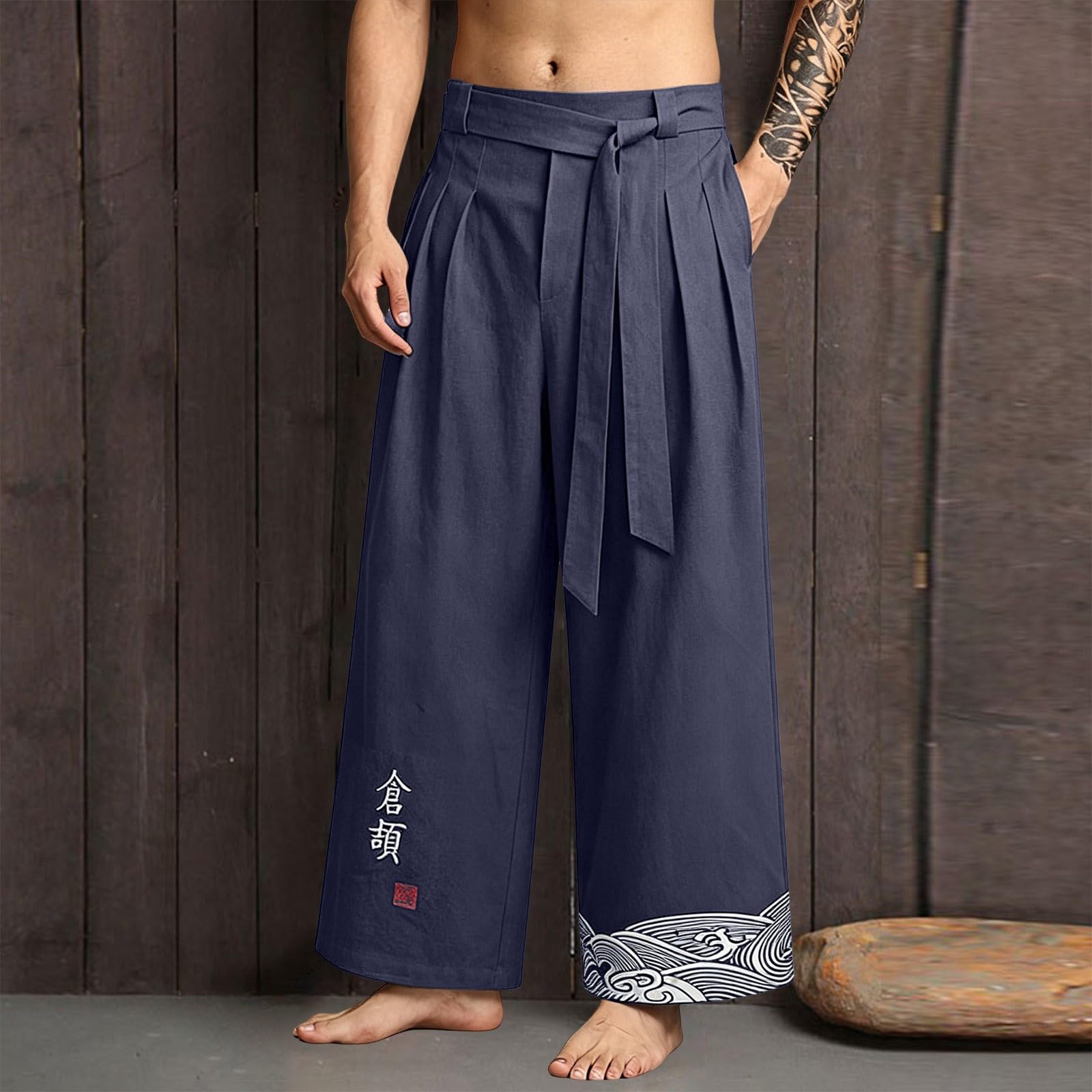 Pantaloni estivi da uomo, in lino, leggeri, larghi, per il tempo libero, estivi, lunghi, stile kimono, pantaloni da spiaggia, eleganti pantaloni da danza, abbigliamento tradizionale giapponese
