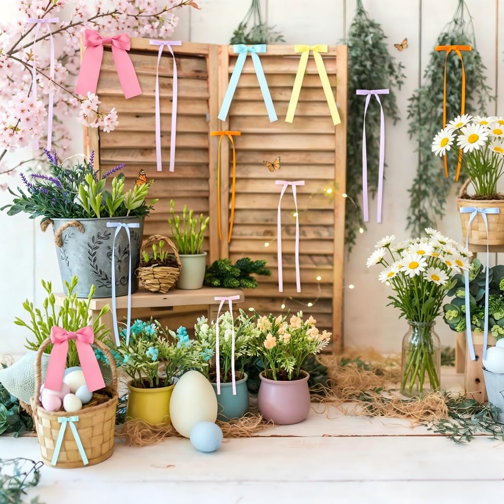 42Pcs Bows Wall Birthday Decorations Bulk 12.2 Inch Pink Blue Spring Summer Tree Long Ribbon Bow Photo Backdrop Decor 7 Color for Wreaths Room Holiday Birthday Wedding Bridal Baby Shower DIY Crafts