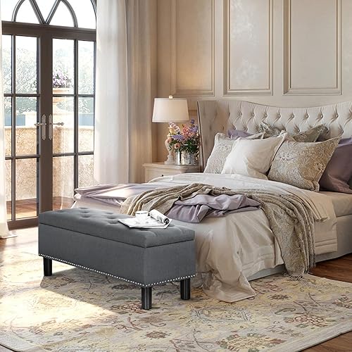 Miniatura 3 de Furnimart Banco otomano de almacenamiento de 42.5 pulgadas, banco de almacenamiento tapizado para dormitorio, entrada, sala de estar, lino copetudo