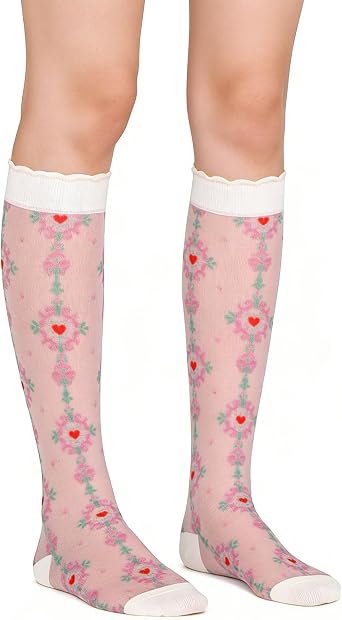 Benefeet Sox Womens Girls Lace Fishnet Knee High Stockings Pink Bow Cute Fancy Sheer Mesh High Tube Long Knee High Socks
