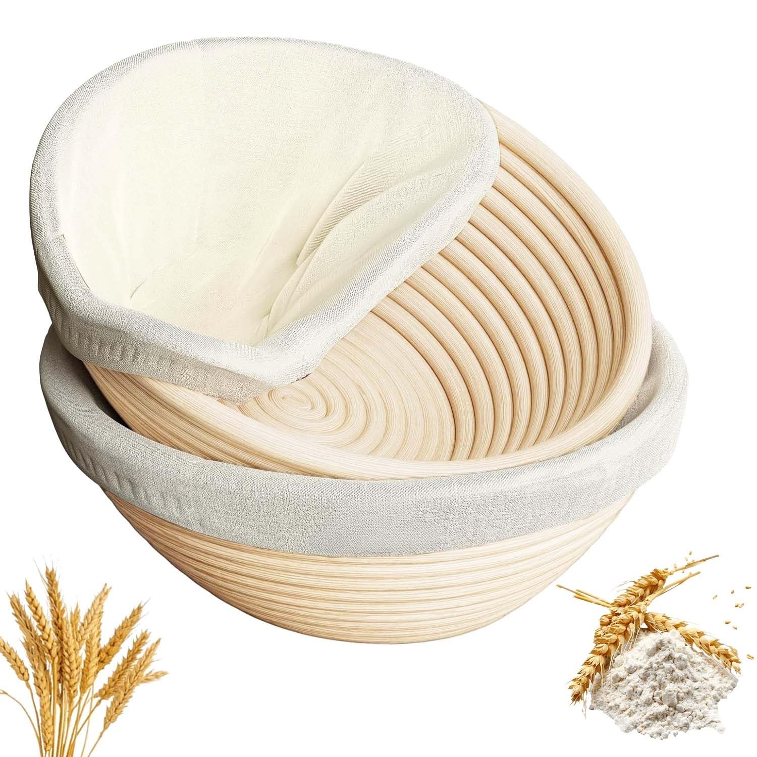 Homiely Natural Brown Sourdough Proofing Basket Set Of 2 – 9" Round Banneton Bread Making Basket, Natural Rattan Dough With Linen Cloth Liners For Home Bakers