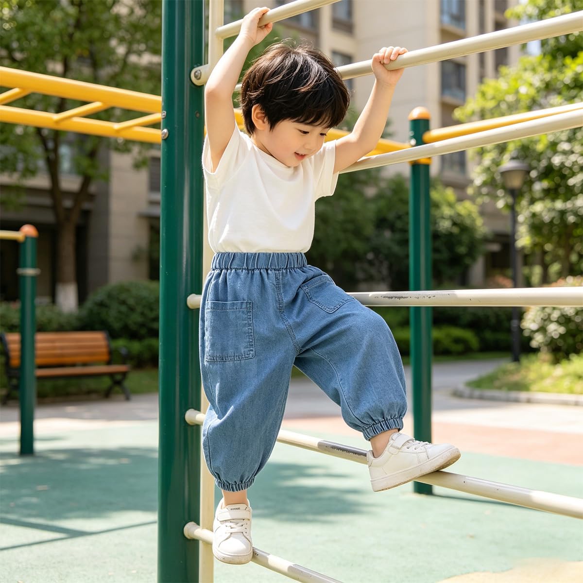 Pantalon Bloomers Été pour Bébé Garçon Fille Pantalon Bouffant en Denim à Taille Elastiquée Pantalons Ample Décontracté Jogging Sport pour Bébé Tout-Petits Enfant 6 Mois-4 Ans