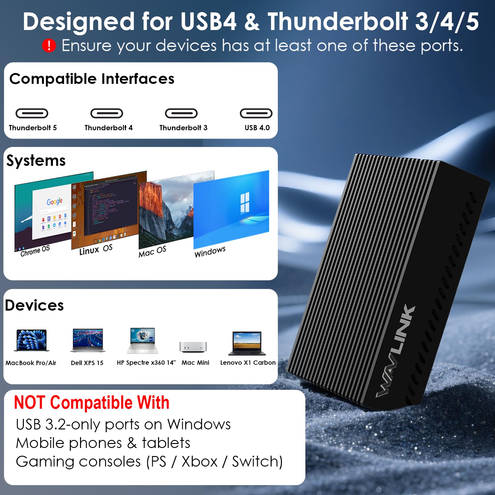WAVLINK Adattatore Ethernet da USB 4 a 10 Gbps, adattatore di rete USB-C a 10G Ethernet con chip AQC113, supporta Thunderbolt 3/4/5 e USB4, per Mac, Windows e Linux (driver richiesto su Windows e