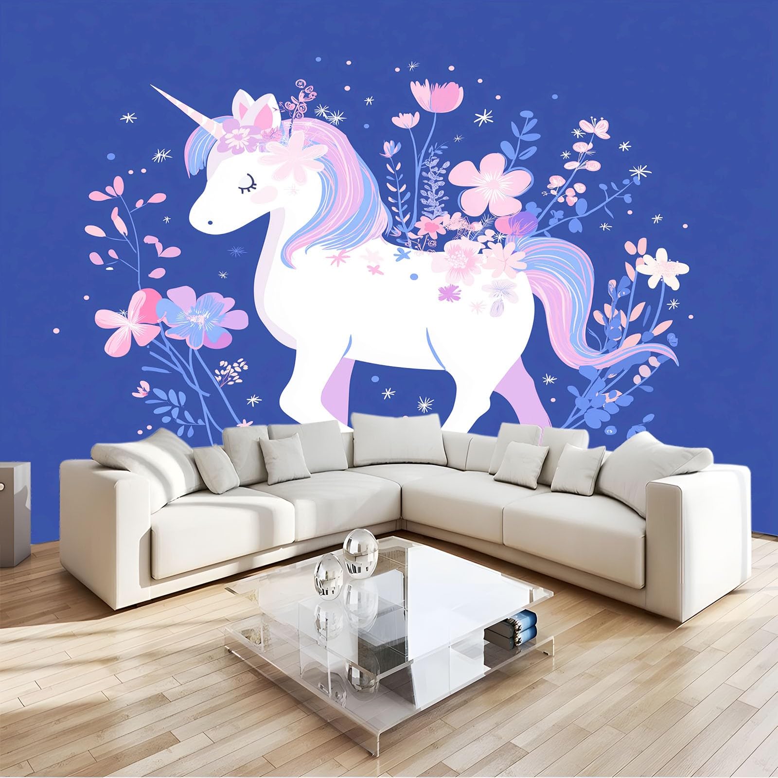 Fantasy zwierzęta, jednorożce, kwiaty, fototapeta dla chłopców i dziewczynek, 200 x 140 cm, fototapety, do pokoju dziecięcego, salonu, sypialni, tapeta na flizelinie, tapeta ścienna, efekt 3D
