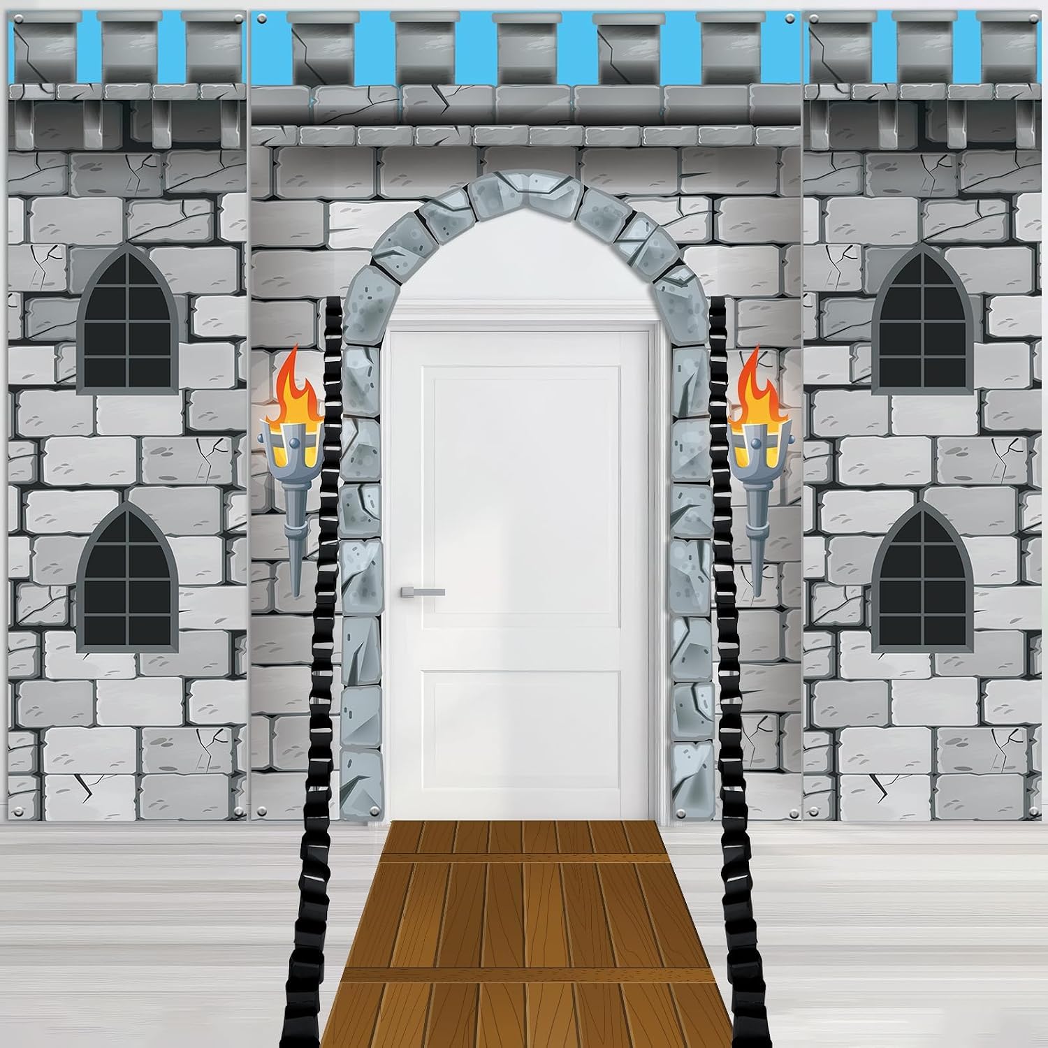 3D Medieval Party Decorations Medieval Castle Door Cover Backdrop with Paper Chains Castle Party Decorations Knight Wall Backdrop Themed Supplies Enchanted Entrance for Royal Knight Porch Decor