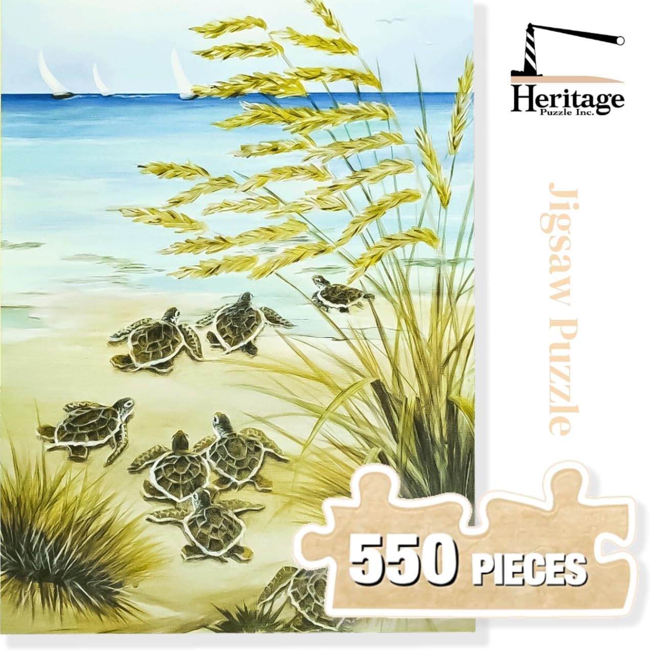 Heritage Puzzle Turtle March 550 Piece Jigsaw Puzzle by Lisa Sparling - Beach Puzzles for Adults – Baby Turtles Hatching - Size 24"x18" – Coastal Theme Beach Puzzle Made in U.S.A.