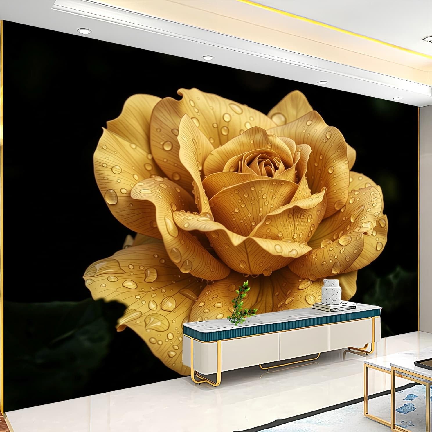 Carta da parati 450x315 cm Romantica Fantasia Floreale a Rose Fotomurali in TNT Murale alla moda Decorazione da Muro Oro Poster Gigante Design Carta per pareti Camera da Letto