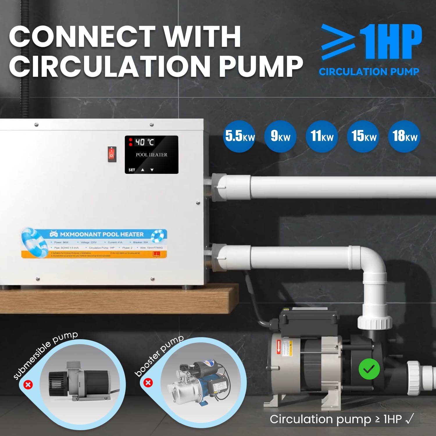 Mxmoonant Pool Heater connected to a circulation pump