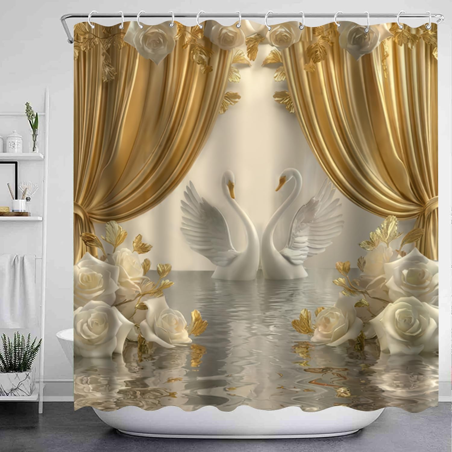 NBVKO 4Pcs Luxury Swan Rose Printed Shower Curtain Set with 12 Hooks Non-Slip Rugs,Toilet Lid Cover and Bath Mat, Stylish Bathroom Decor for Hotel & Home Bathroom