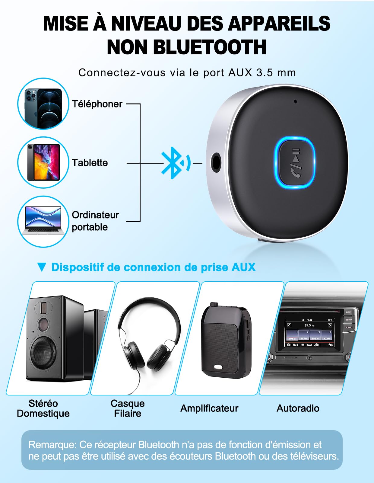 Mohard Récepteur Bluetooth Voiture, Adaptateur Bluetooth 5.3 Jack pour Haut-Parleur/Stéréo Domestique/Casque Filaire, 3.5mm AUX Bluetooth Recepteur Appel Main Libre, Double Connexion, 16H d'Autonomie