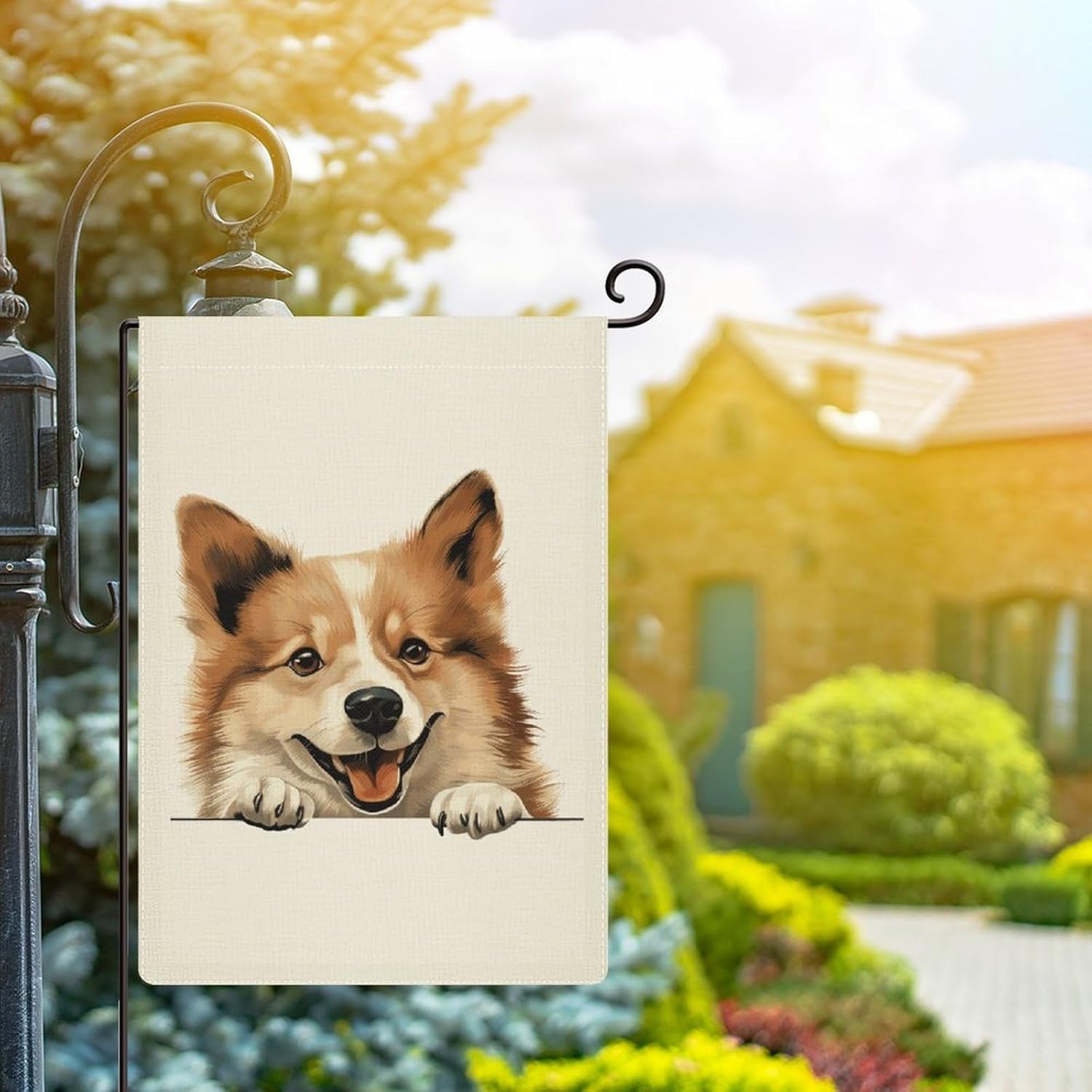Icelandic Sheepdog Burlap Garden Flag, Peeking Dog Flag Welcome Garden Flags 28"X40" Welcome Double Sided Vertical Yard Outdoor Decoration