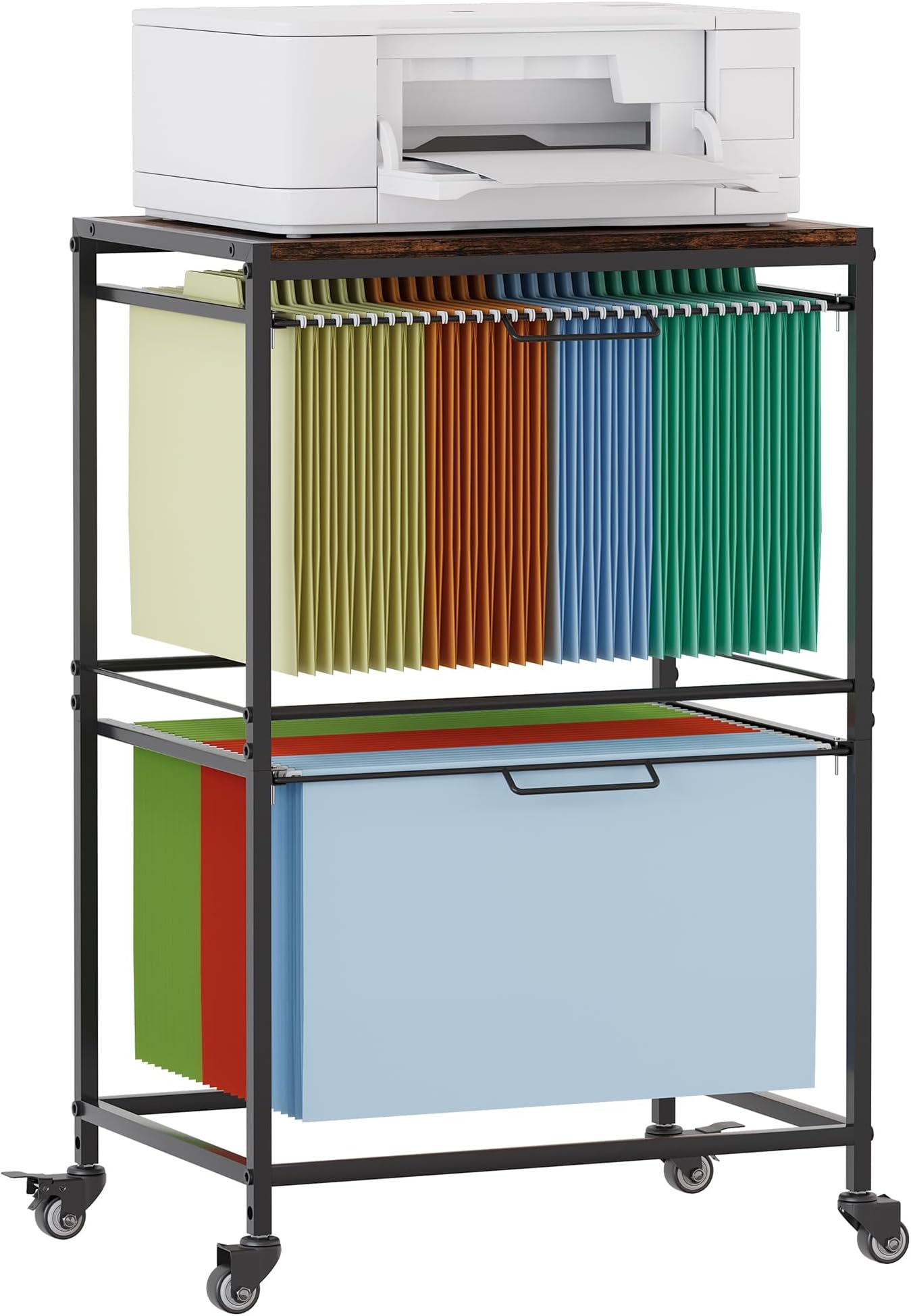 EasyPAG Rolling Hanging File Folder Cart, 2 Tier Metal Pull-Out File Rack for Letter and Legal Size Folders, Portable Filing Cart for Office Home, Black