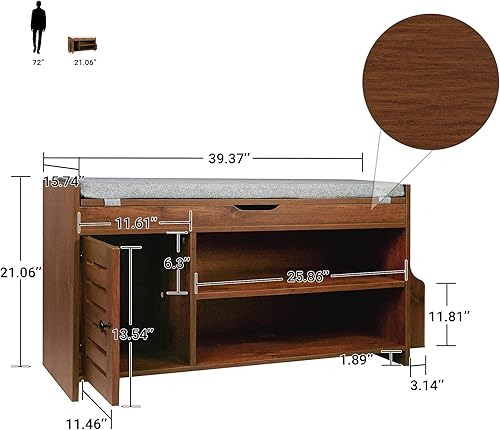Miniatura 2 de Banco de zapatos minimalista de madera con almacenamiento oculto en la parte superior, soporte para revistas y asiento acolchado, zapatero ideal