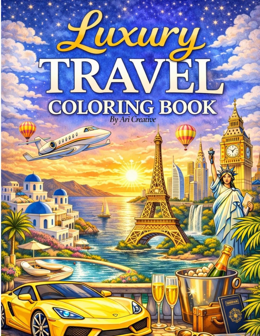 Luxury Travel Coloring Book for Adults: 34 World Destinations — Paris, Dubai, Bali, Santorini, Maldives & More: Stress-Relieving Coloring Pages for Relaxation & Wanderlust