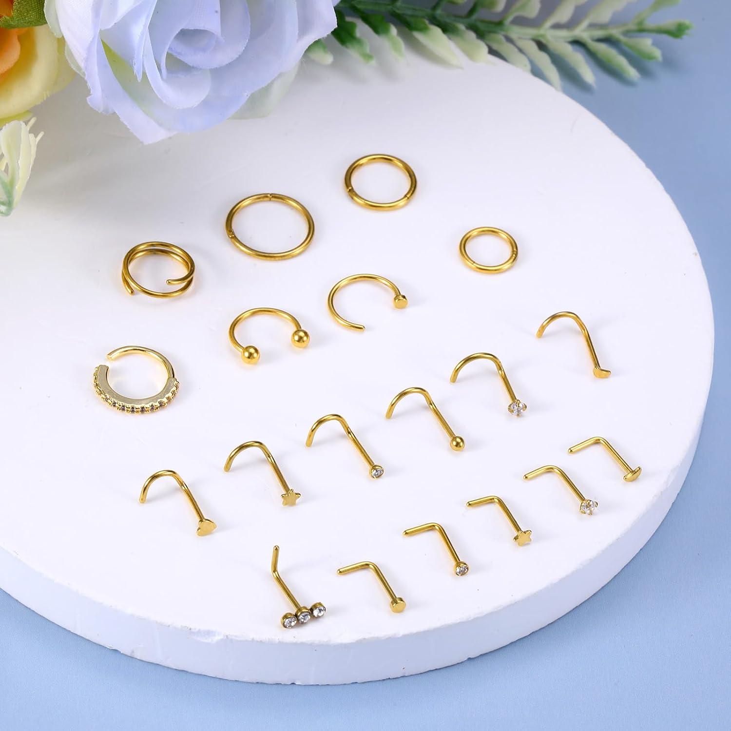 Tucnoeu 20Pcs 14K Gold Nose Ring Studs & Hoops- 20 Gauge Nose Ring Set - Gold Noses Piercing Jewelry for Women & Men