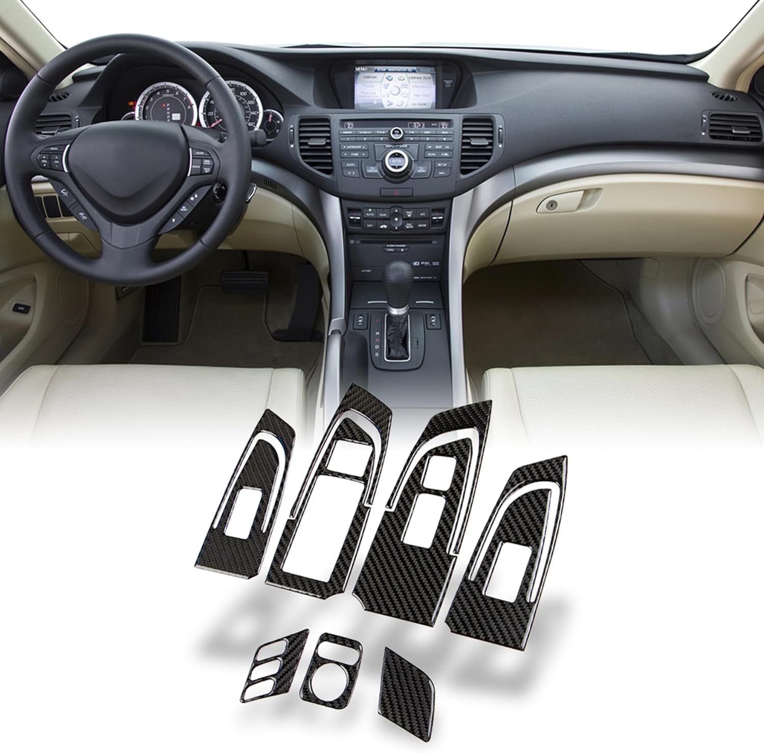 AeroBon TSX Real Carbon Fiber Interior Trim Overlay Compatible with 2009-2014 Acura TSX Sedan and Sport Wagon, 9-Piece Window Switch Panel, Mirror Switch, Seat Memory, Inner Door Handle Trim Cover Set