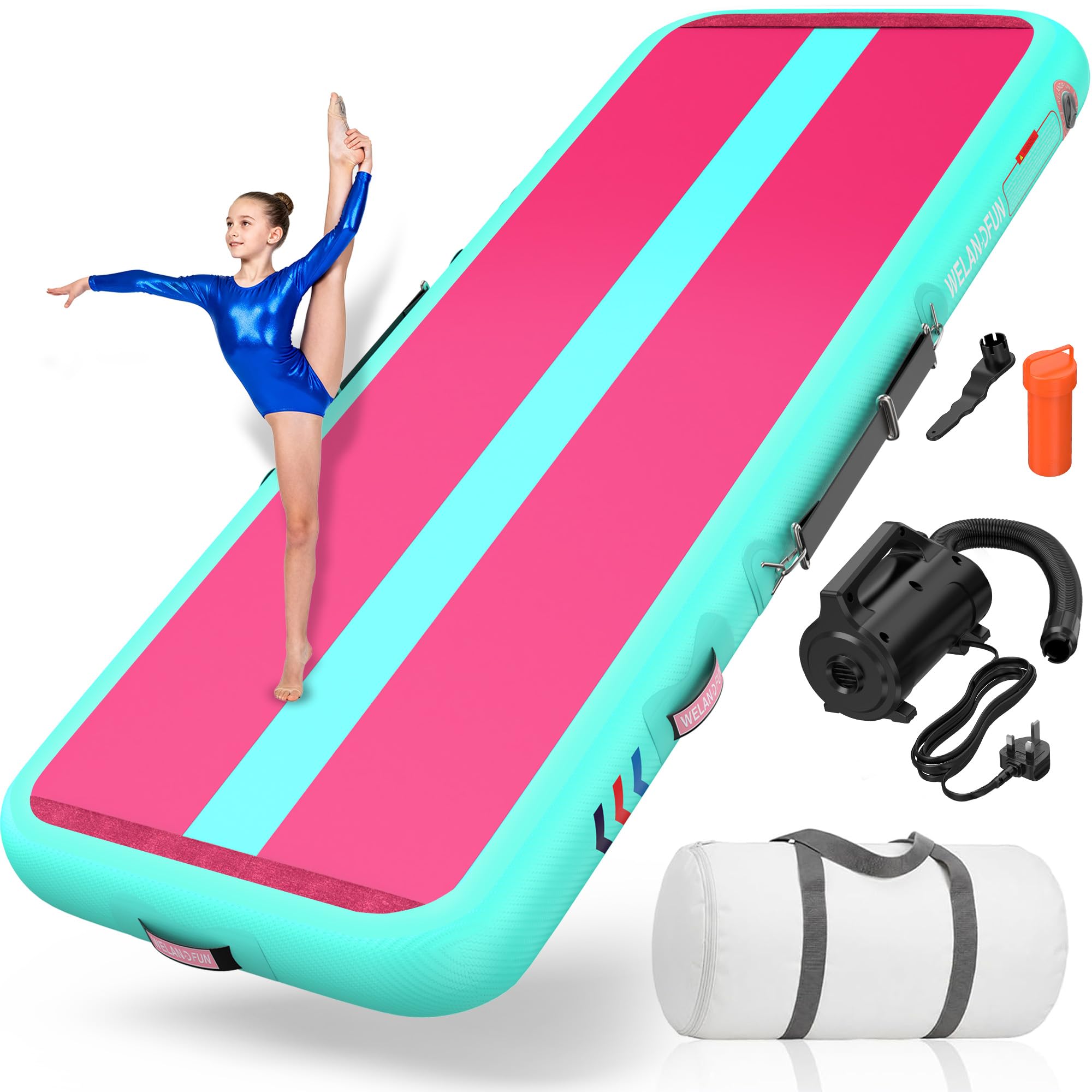 WELANDFUN Air Matte Track Turnmatte Aufblasbar 15 / 20cm mit Luftpumpe, 3/4 / 5 / 6m Gymnastikmatte Tumbling Matten, Trainingsmatte für Yoga/Zuhause/Taumel/Turnhalle/Ausbildung/Cheerleading