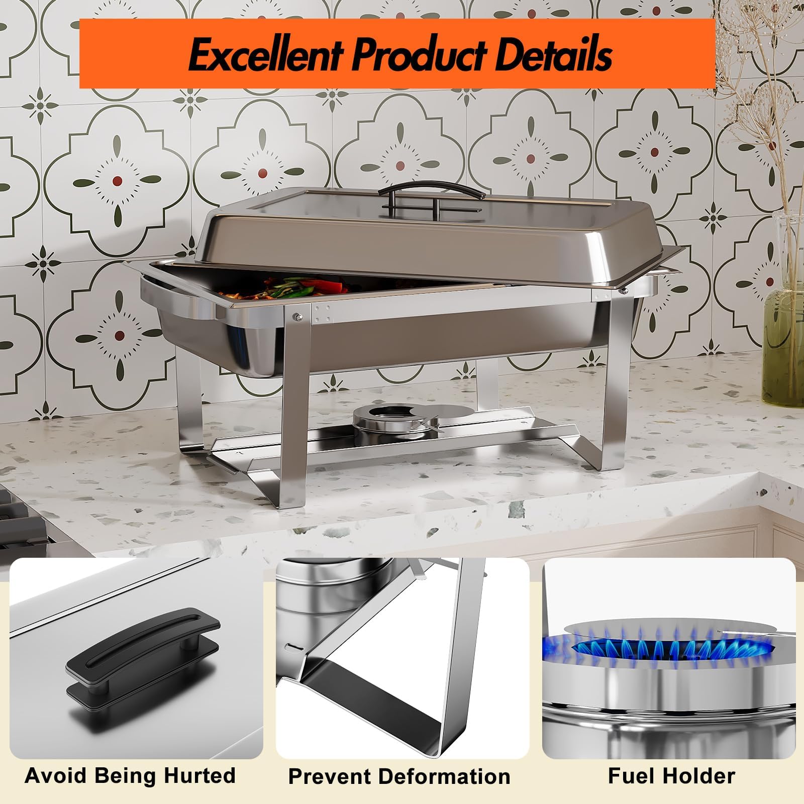 Chafing Dish Buffet Set 9L, 4-teilig, Rechteckige Edelstahl Warmhaltebehälter mit Wasserbehälter, Deckelhalter, Brenner, Professionelle Speisewärmer für Buffet, Catering, Bankett
