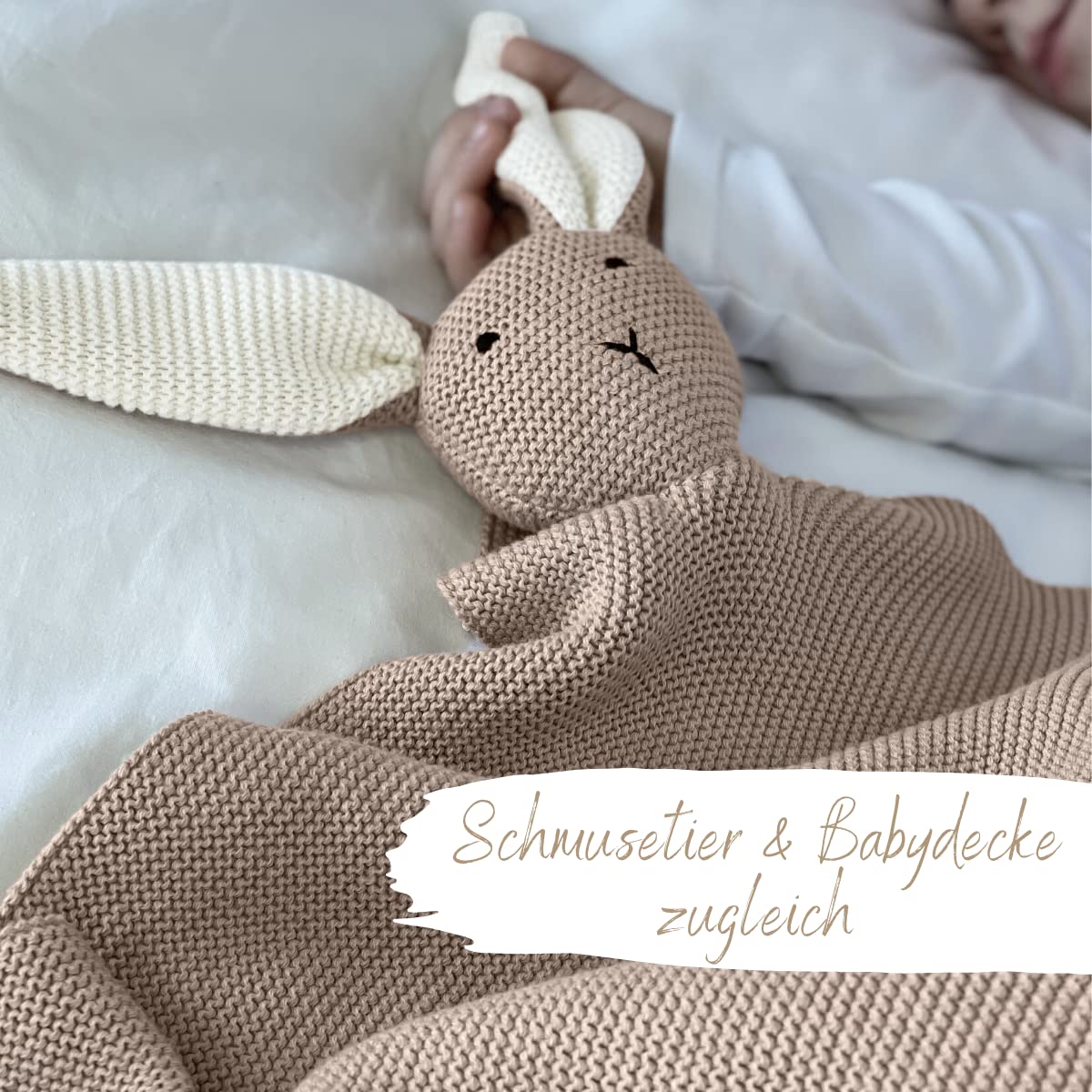 DIKOS Original 2-in-1 Babydecke & Kuscheltuch SCHMUSE-Hase – Weiche Kuscheldecke für Baby Mädchen & Jungen aus Bio-Baumwolle (Oeko Tex) – Weiche Baby-Decke als Geschenk zur Geburt – Warmes Taupe