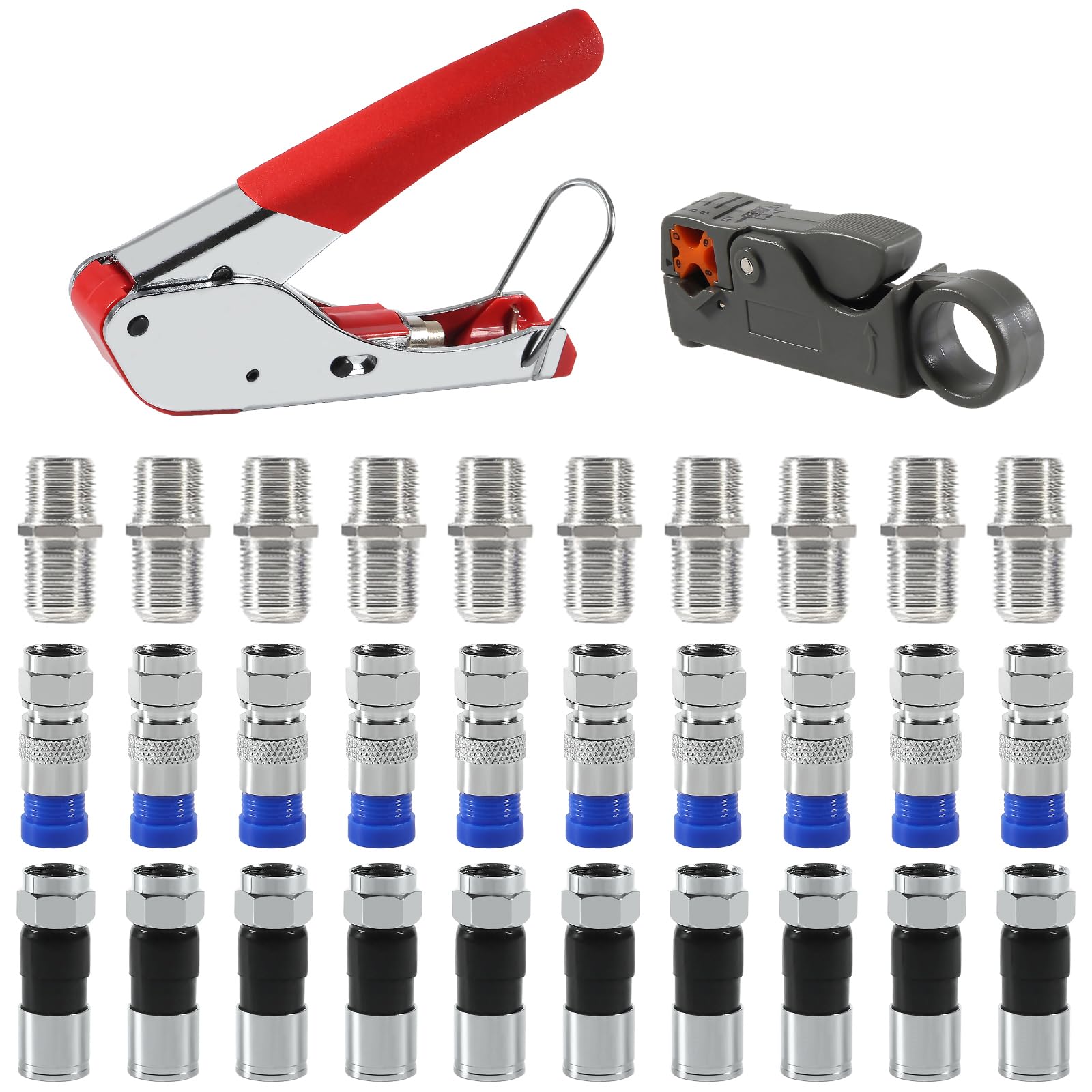 AEDIKO Coaxial Compression Tool Kit Coax Cable Crimper Wire Stripper with F RG6 RG59 Connectors, Red and Silver