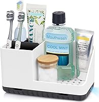 PARKMANI Bathroom Countertop Organizer - Detachable 4-Compartment Toothbrush Holder with Drainage, Anti-Slip Base for Sink Vanity (White)