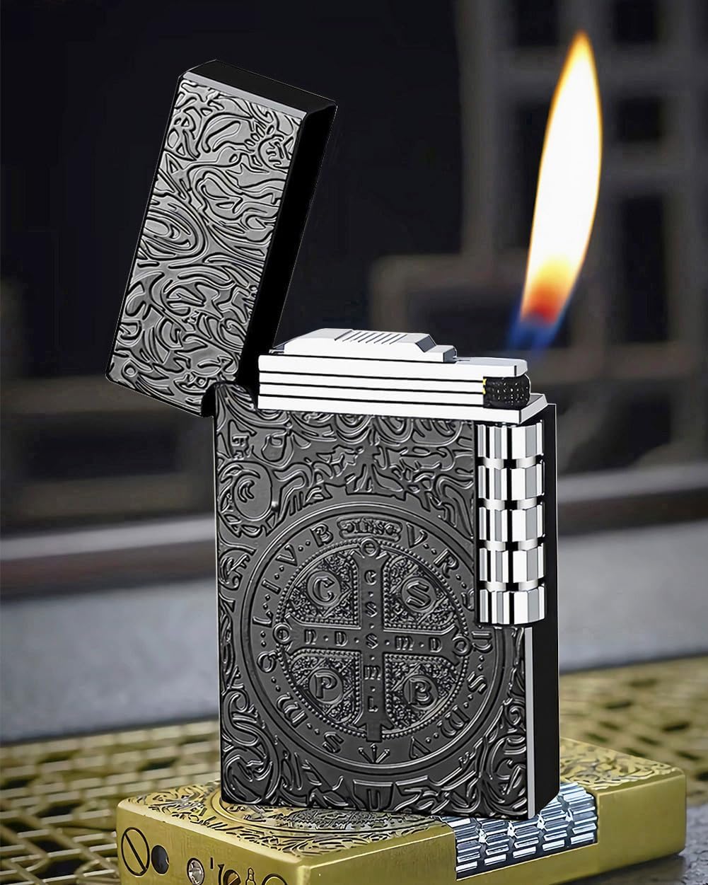 Flip Butane Lighter, Soft Fire Side Wheel Lighter, Unique Refillable Trench Lighters for Men Dad Gift Collect (Butane Not Included) (Black)