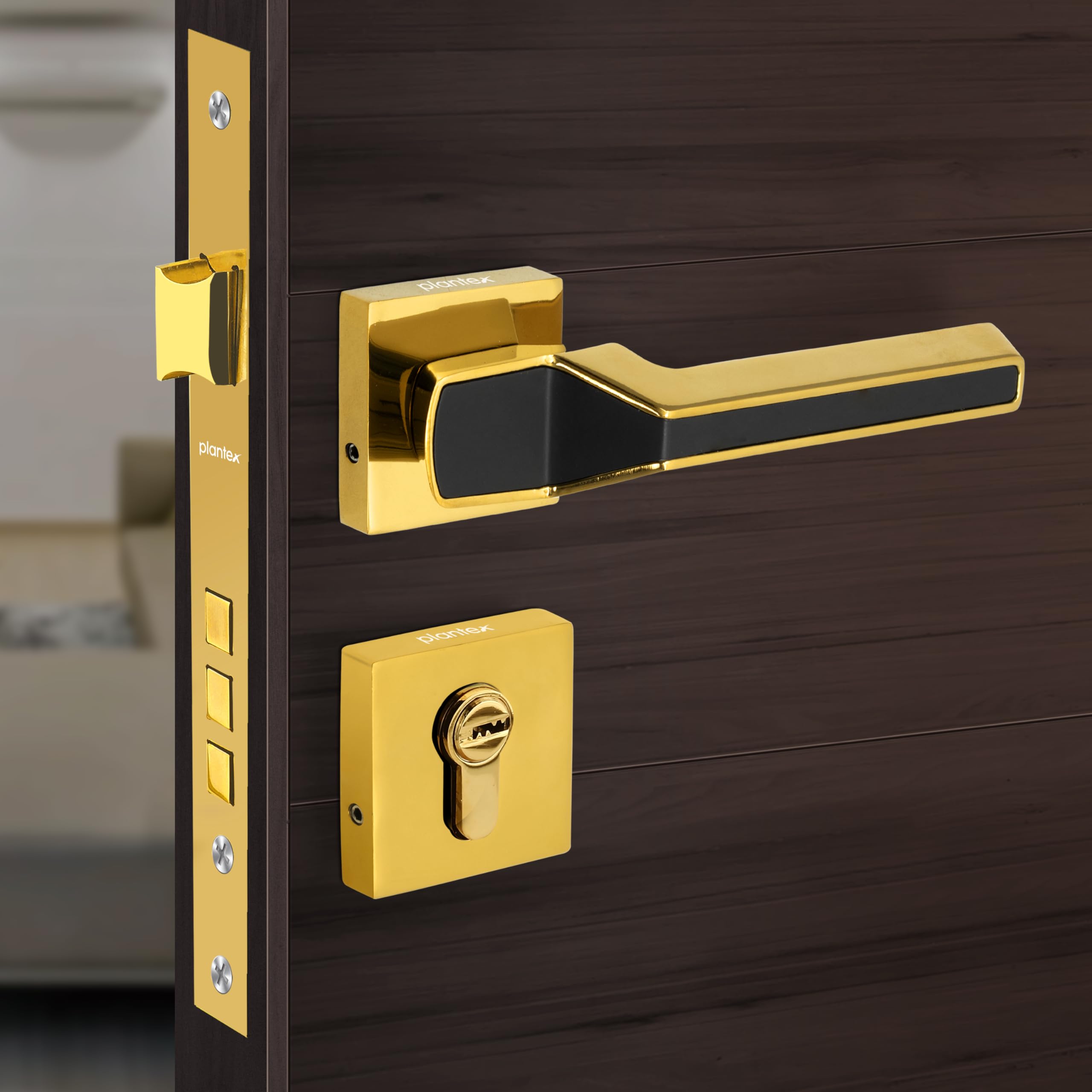 Plantex Mortise Lock - Rose Gold & Black Handle Set -9