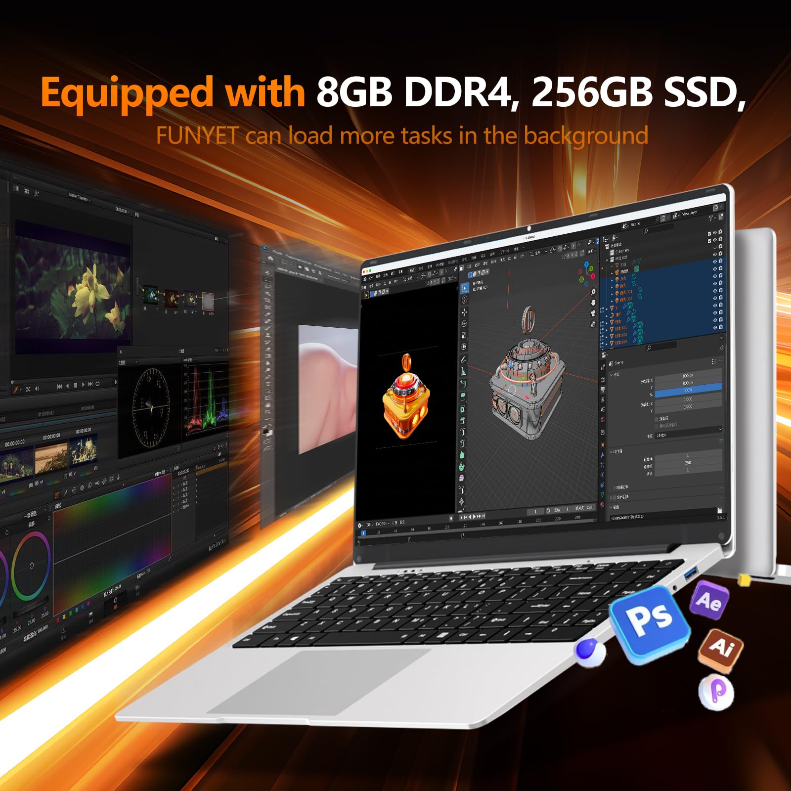 Tunhail PC Portable 15,6" FHD 1920×1080, Ordinateur Portable Win11 Pro, Celeron N4000, 8Go RAM, 256Go SSD, WiFi5 Double Bande, Bluetooth 4.2, Ultra-Fin léger, Webcam, USB, HDMI - 5