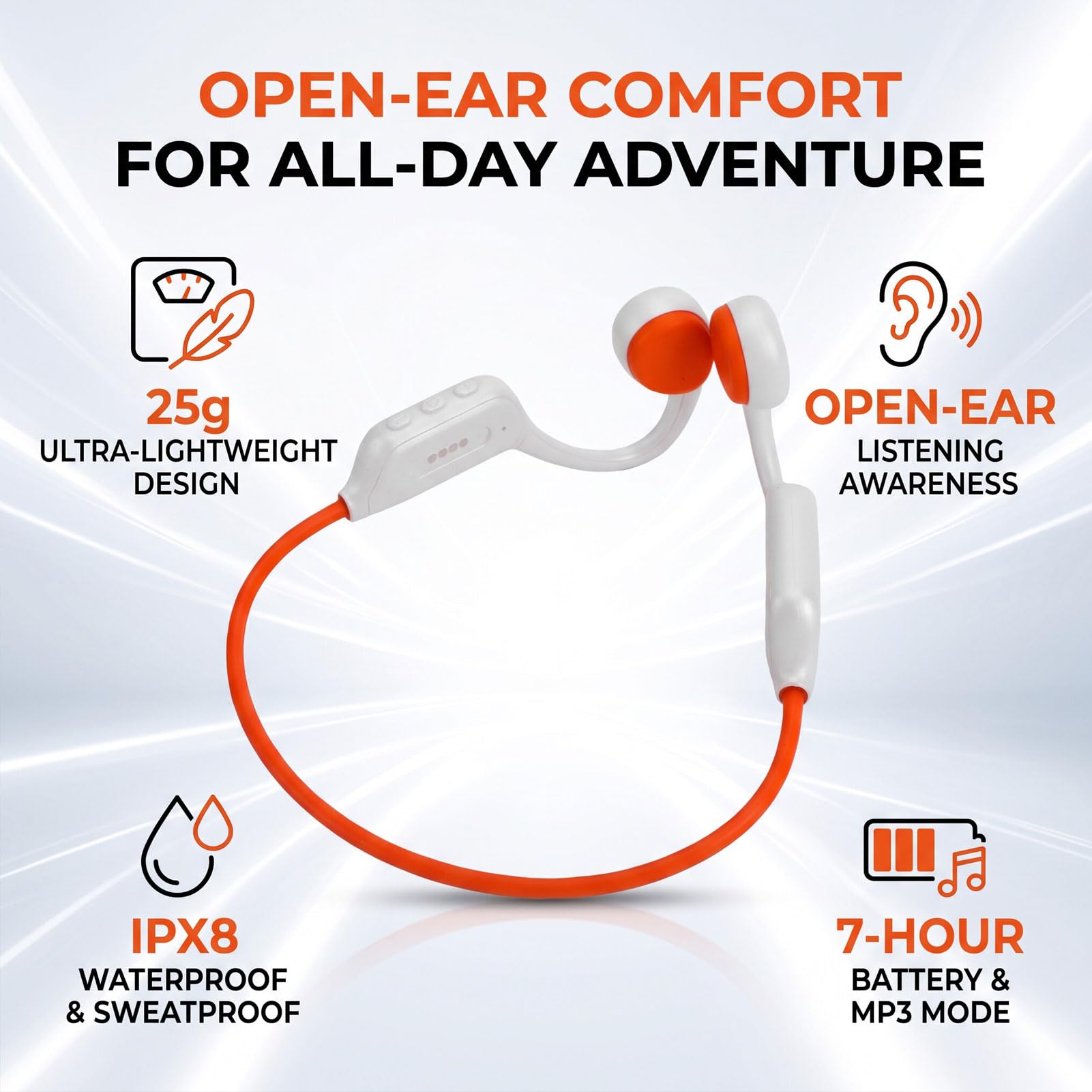 XUMIUZIY Cuffie a Conduzione Ossea, Auricolari Bluetooth 5.4 IPX8 Resistenti All'acqua per la Corsa in Palestra, Allenamento in Bicicletta (Bianco Arancio)