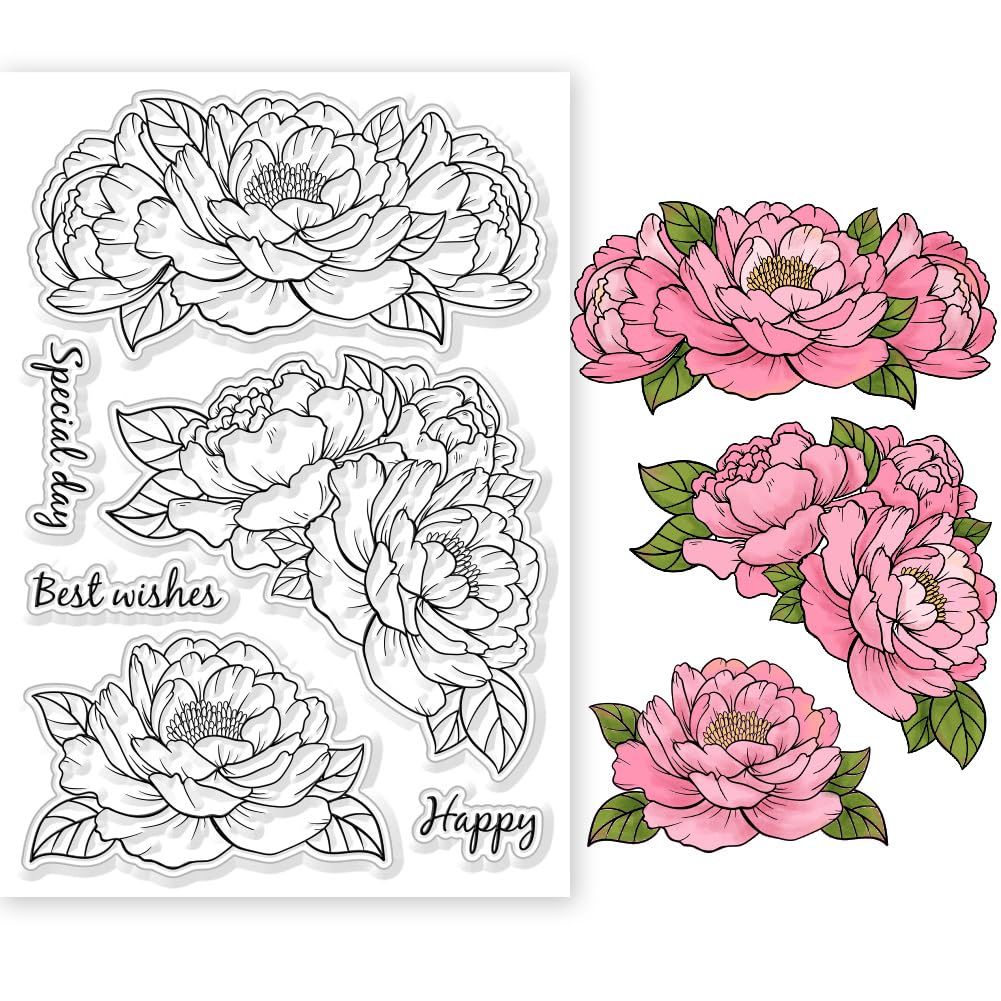 GLOBLELAND Peony Flowers Background Clear Stamps for DIY Scrapbooking Spring Peony Flowers Silicone Clear Stamp Seals Transparent Stamps for Cards Making Journal Home Decoration