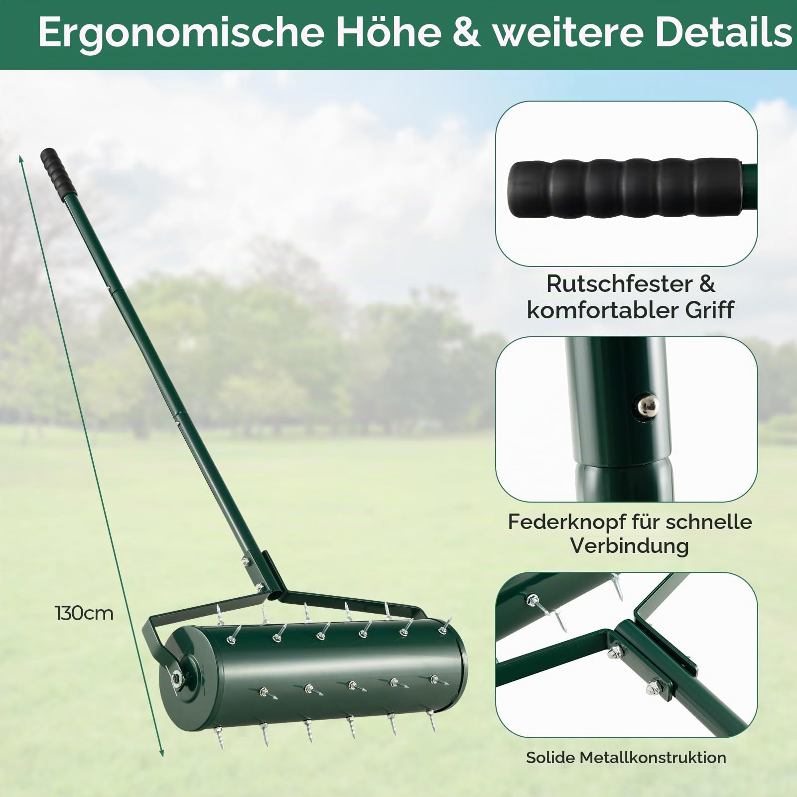 FANTASK Rasenlüfter Walze, rollender Aerifizierer manuell mit Stiel & 3,4cm Nägeln, Gartenwalze, Vertikutierer Rasenwalze für Garten, Hof, Terrasse (53 x 130 cm,Grün)