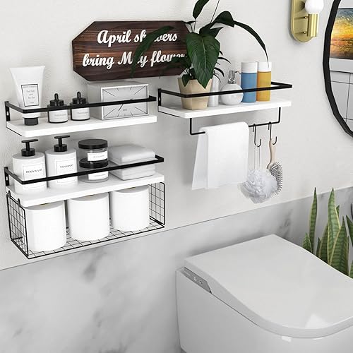 Miniatura 2 de Estantes flotantes blancos para baño con cesta de almacenamiento de papel higiénico, toallero y ganchos en S, organizadores y almacenamiento de