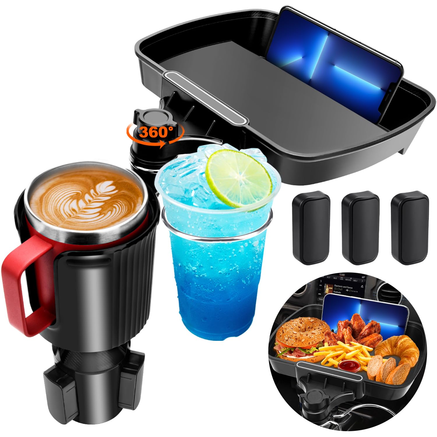 Cup Holder Tray for Car, 360° Rotating Car Tray, Car Food Table Tray for Eating with Solid Base & Phone Slot, Car Cup Holder Expander for Road Trip Essentials for Adults, ATCT-8