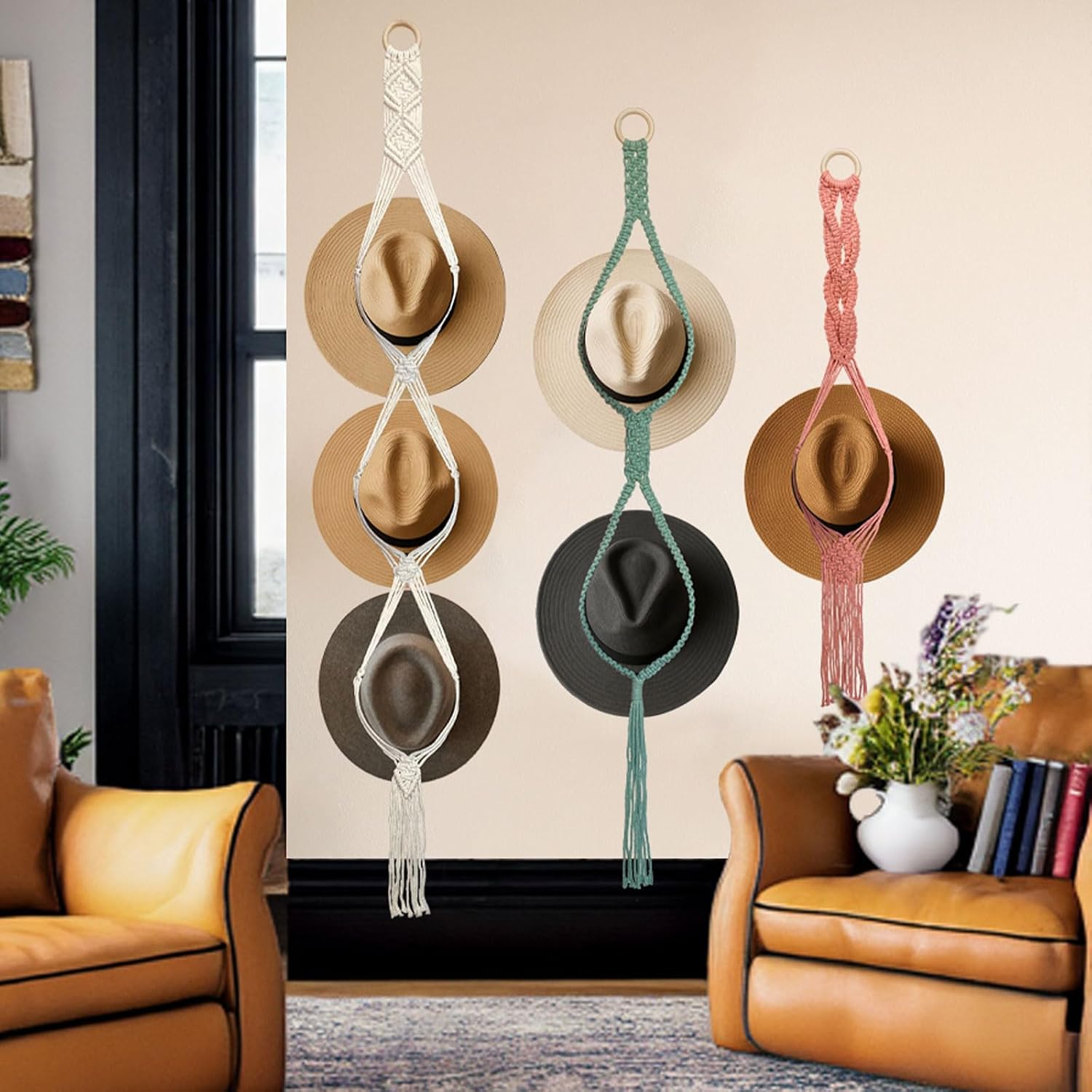Besoamo Macrame Hat Hanger for Wall, Boho Hat Rack for Wall Hanging Hat Display, Hand-woven Hat Organizer for Wide-Brim Hat, Decorative Bohemian Hat Storage Cowboy Hat Holder(3 Styles and 3 Colors) image 2