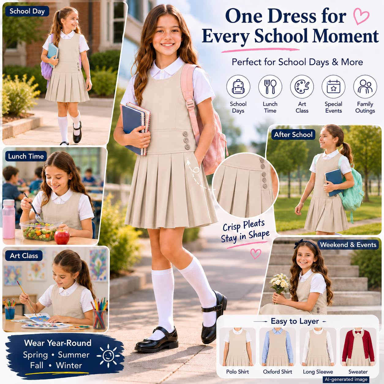 Bienzoe Jersey de uniforme escolar para niñas: vestido elástico plisado duradero para niños hasta la rodilla sin mangas
