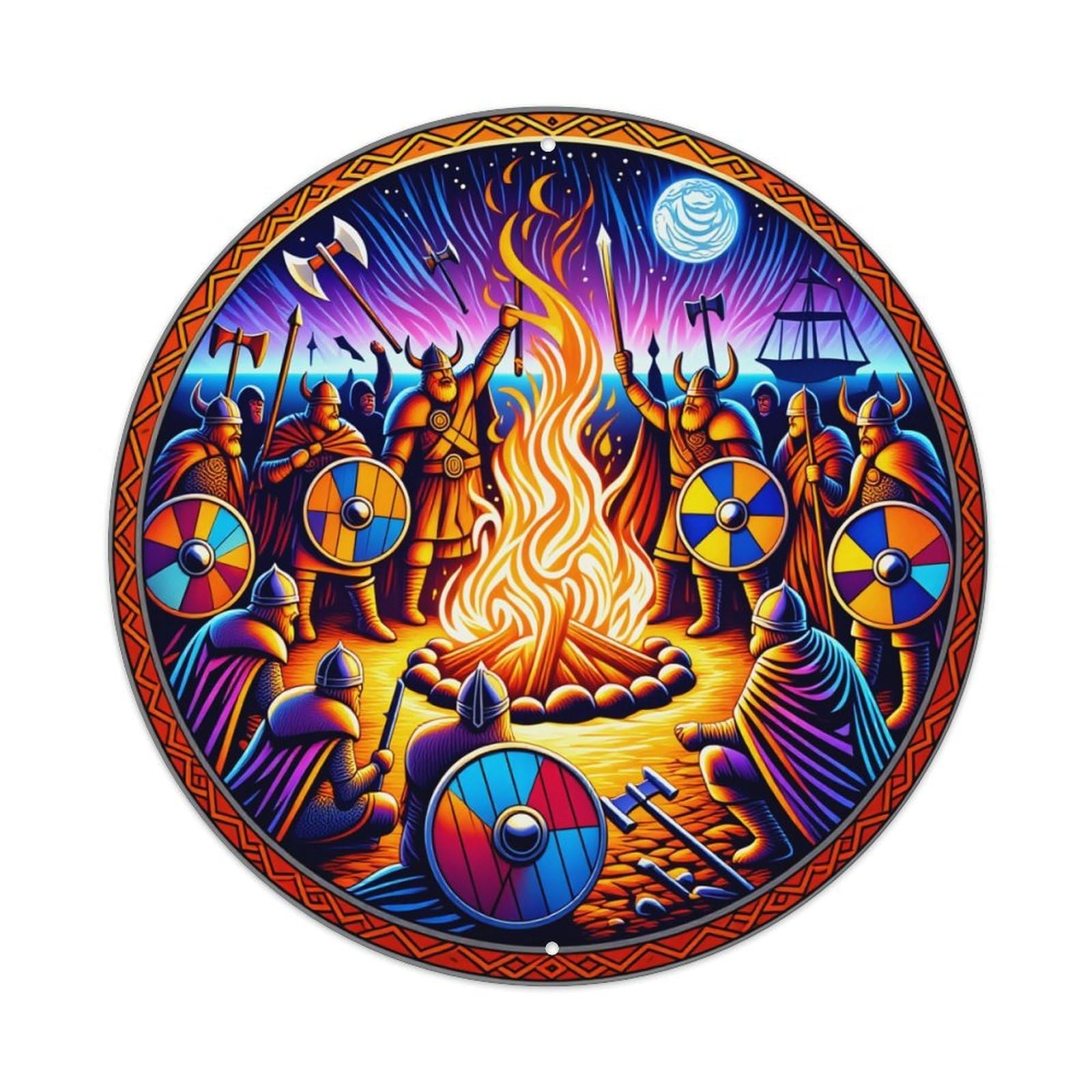 Viking Warriors Around Bonfire Night Round Tin Sign Retro Metal Sign for Cafe Bar Pub Home Game Room Gym Club Wall Decoration Vintage Metal Poster 8x8 Inch