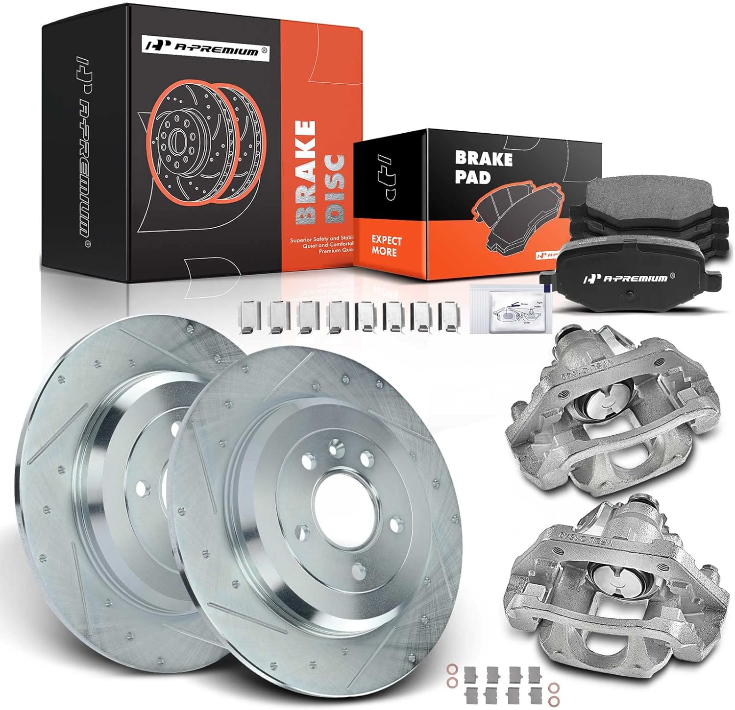 A-Premium Rear Drilled and Slotted Disc Brake Rotors and Ceramic Pads Kit with Calipers Compatible with Ford Explorer 2011-2019, Taurus 2013-2019, Flex 2010-2014 & Lincoln MKT 2010-2014 8-PC Set