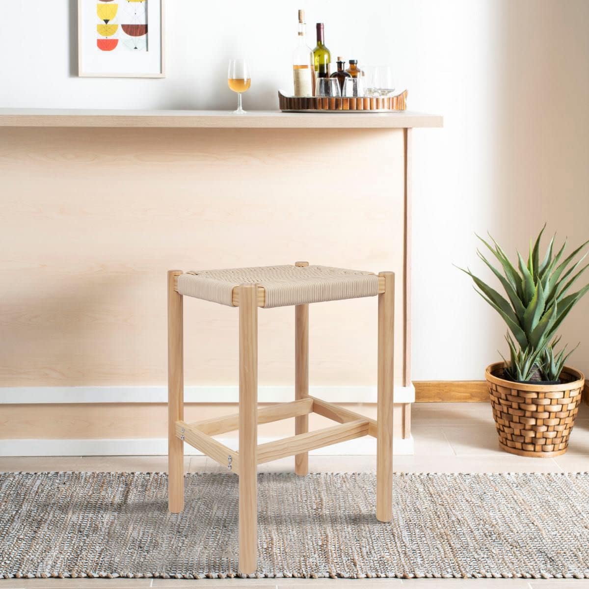 Main + Mesa Fernway Solid Wood and Woven Rope Counter Height Stool, Cream