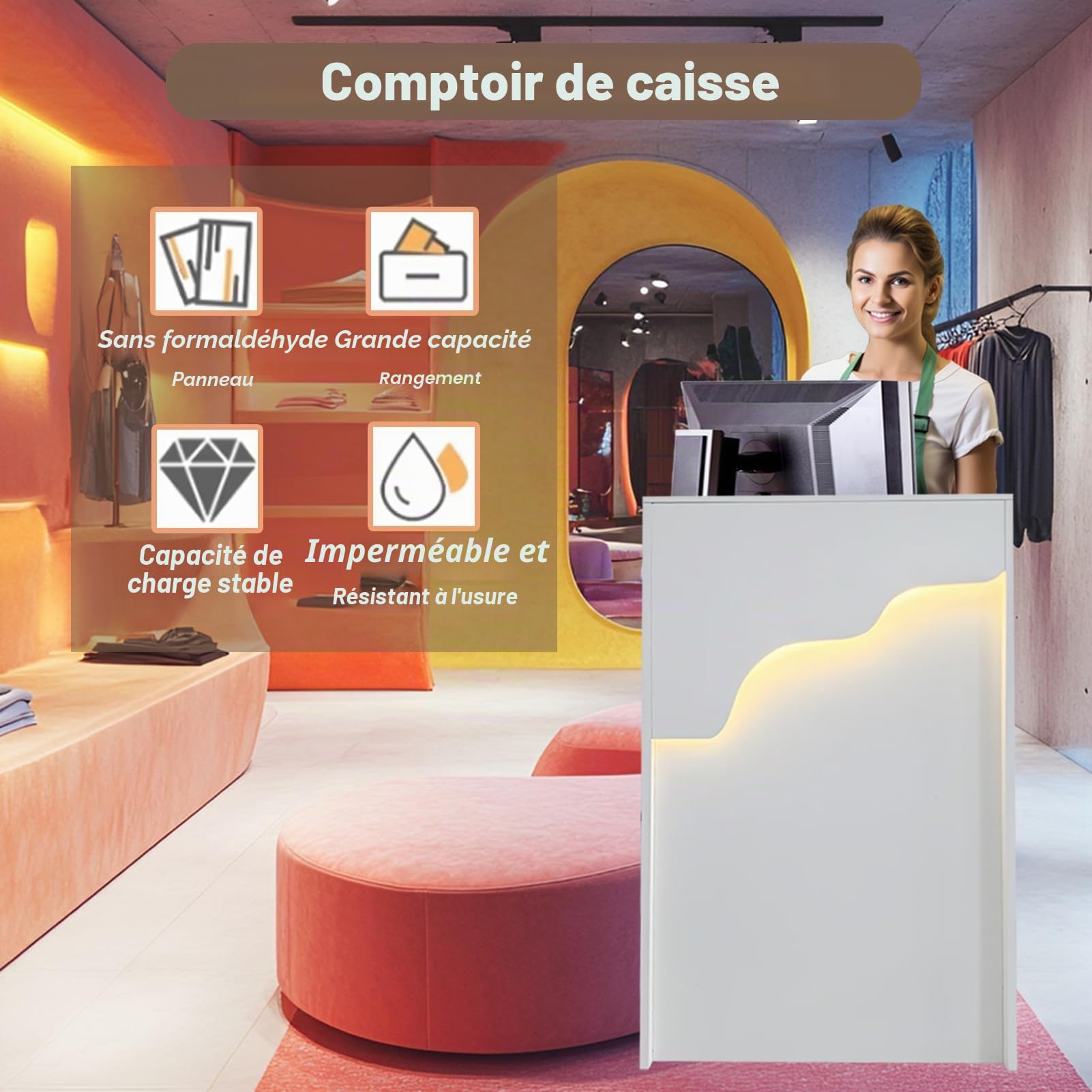 Petit comptoir de réception avec lumière LED, comptoir Moderne avec tiroir verrouillable, de Caisse Blanc pour Magasin de vêtements, Hall, Salon de beauté (Blanc, 60 x 40 x 96 cm)