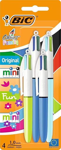 BIC 4 Colours Family Pen Pack of Retractable Ballpoint Pens with Four Ink Colours, Set of 4 (2 Mini, 2 Original)