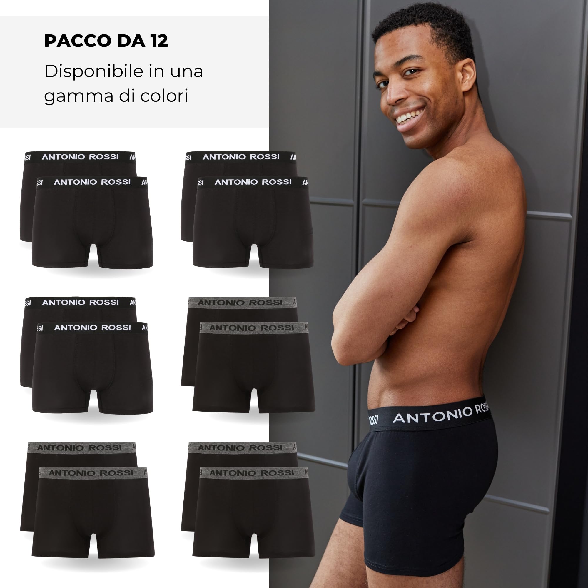 ANTONIO ROSSI (Confezione da 12 Boxer Aderenti da Uomo - Boxer da Uomo Multipack con Elastico in Vita